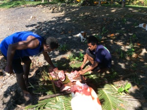 Entrails of the pig taken out and the rest cut into large chunks (highlands method)