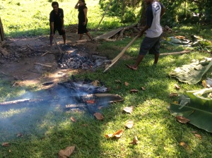 Partly burnt wood taken out. Coconut husks burnt out.