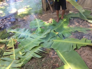 Heated stones covered with banana leaves