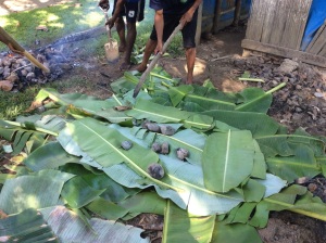 Meat covered with more banana leaves with the rest of the stones placed on top.
